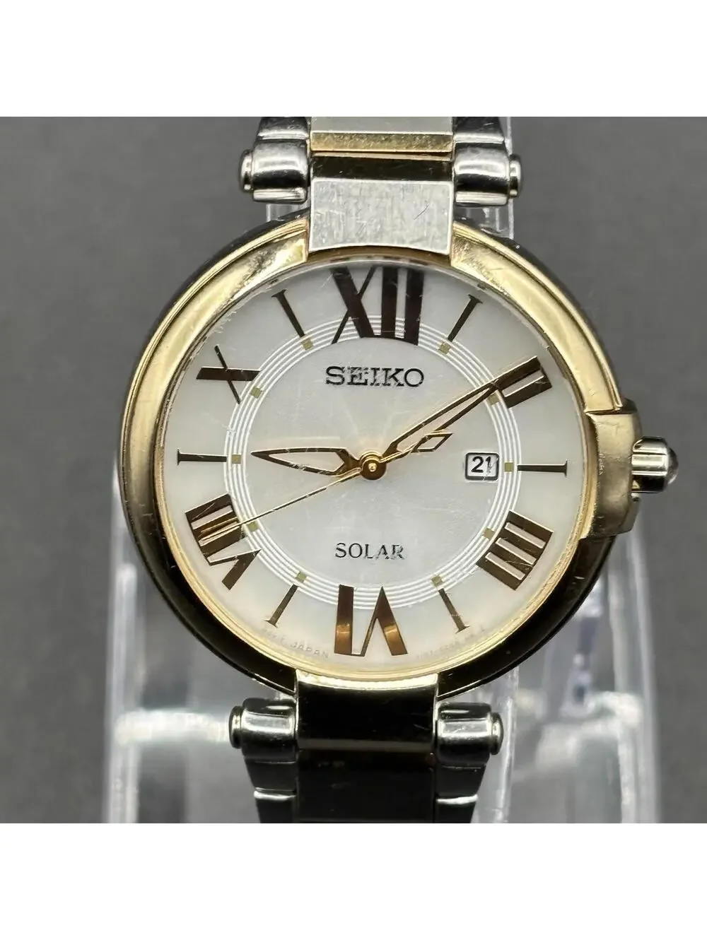 Seiko Solar Two-Tone Silver Dial Roman Numeral Ladies 32mm Watch SUT154P1